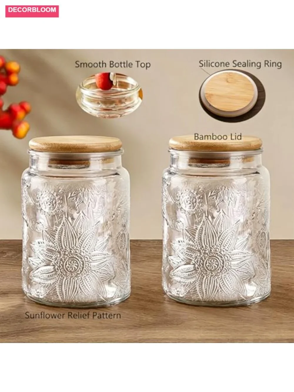 Vintage Airtight Glass Storage Jars with Bamboo Lids, 24 oz, Set of 2